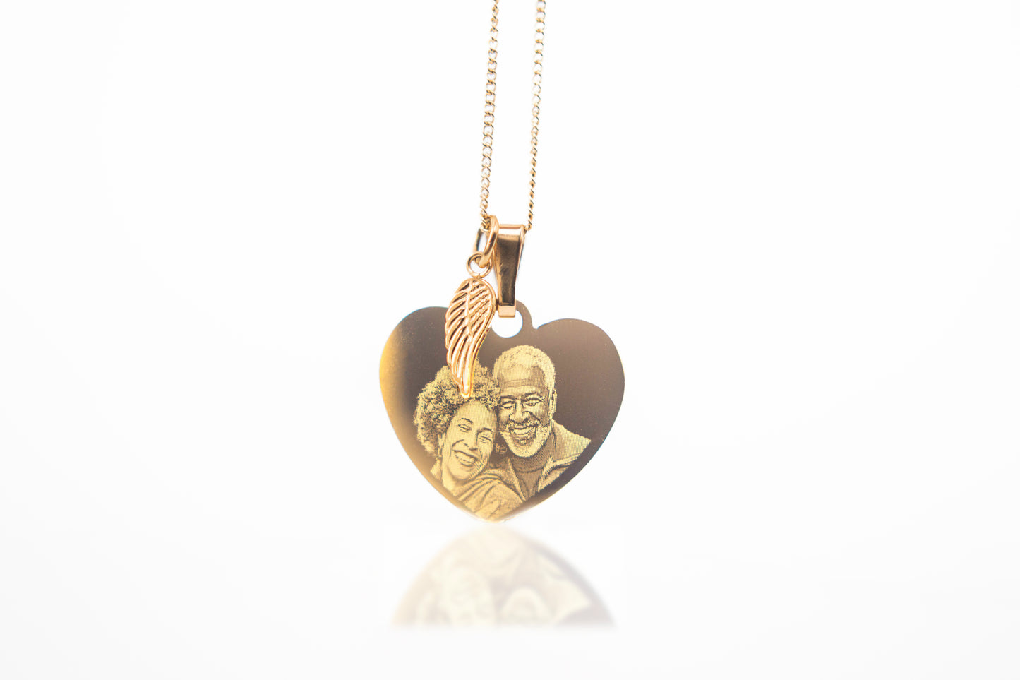 Gold angel wing classic heart pendant necklace photo engraved