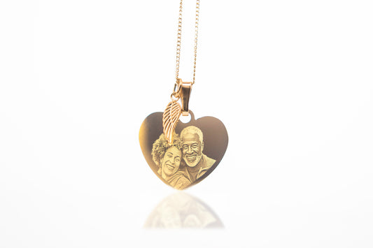 Gold angel wing classic heart pendant necklace photo engraved