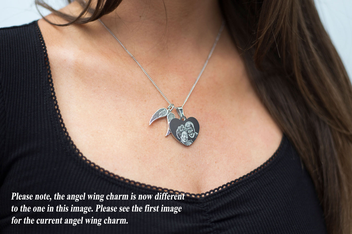 Angel wing classic heart pendant necklace photo engraved