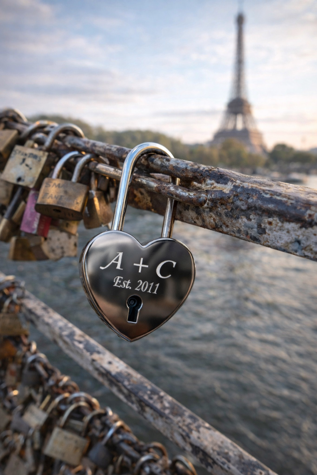 Silver photo engraved love padlock and key