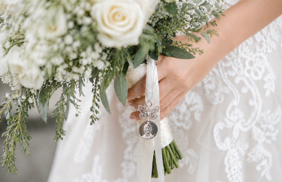 Butterfly bridal bouquet charm photo engraved