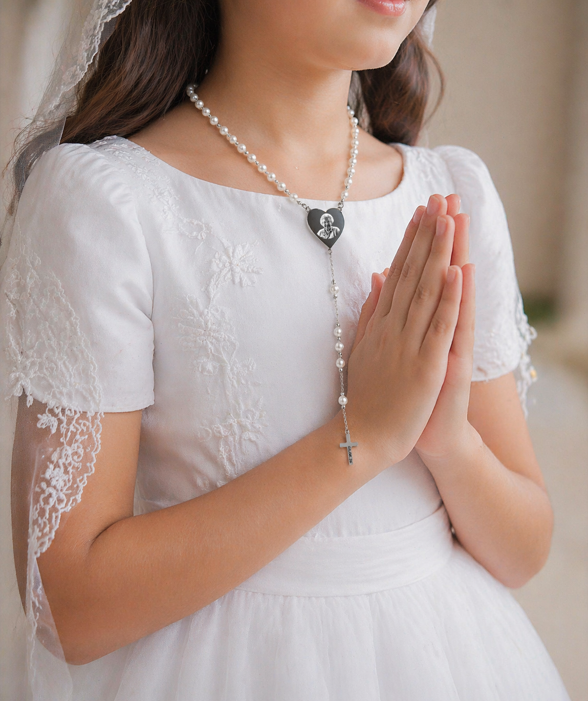 Silver Custom Photo Engraved Rosary Beads Necklace