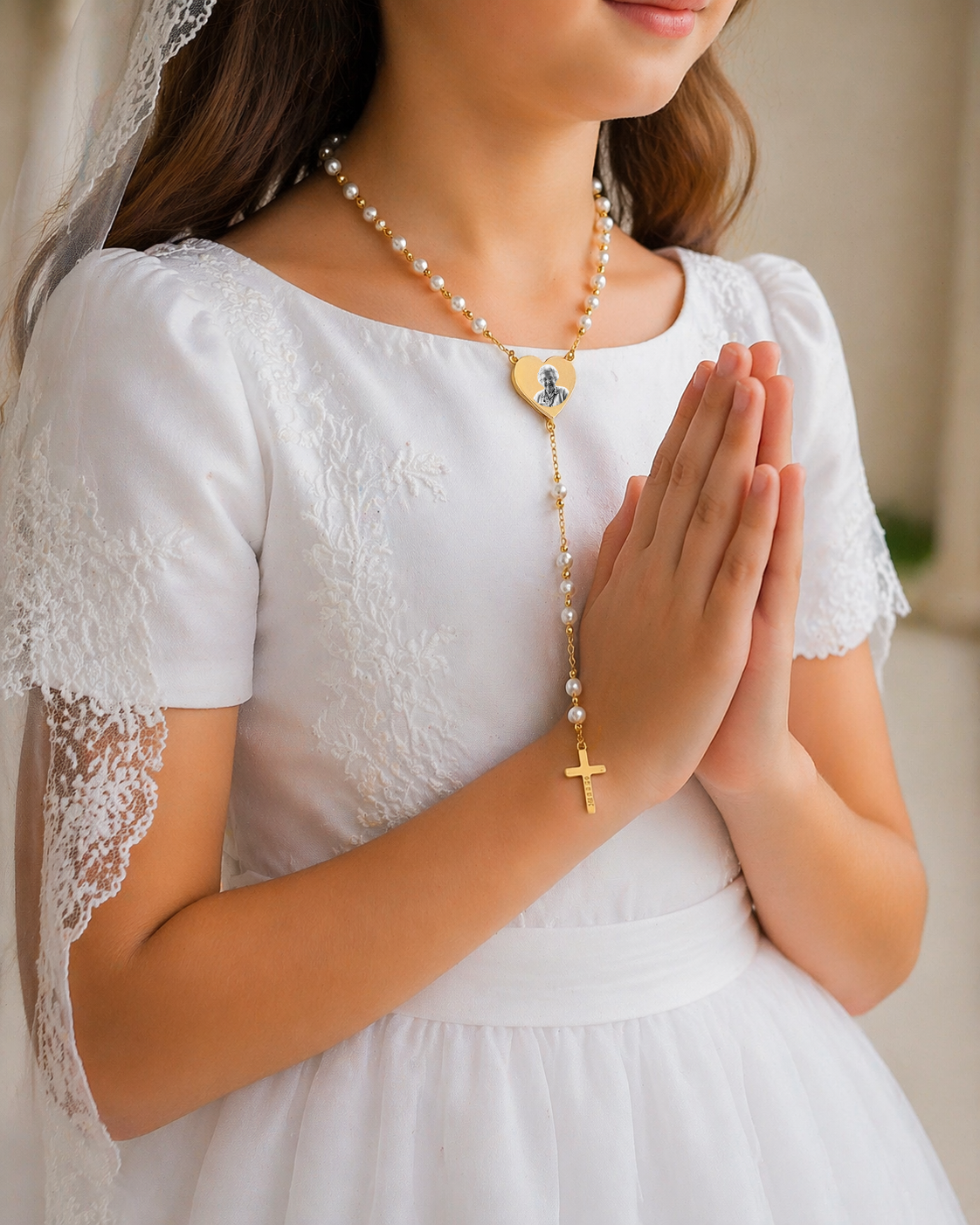 Gold Custom Photo Engraved Rosary Beads Necklace