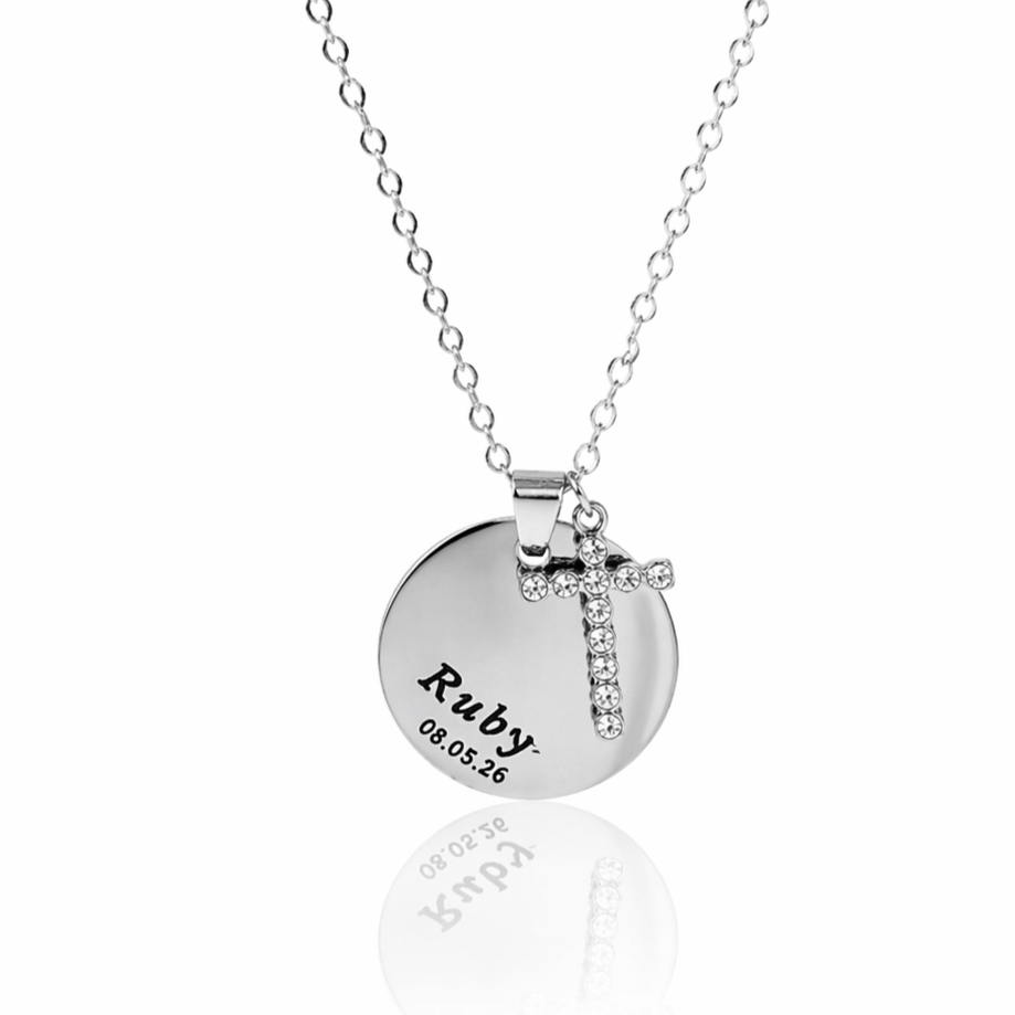 Silver Girls Personalised Cross & Name Disc Necklace