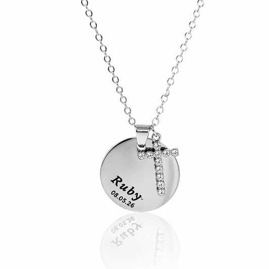 Silver Girls Personalised Cross & Name Disc Necklace