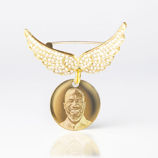Gold diamanté angel wing memorial brooch