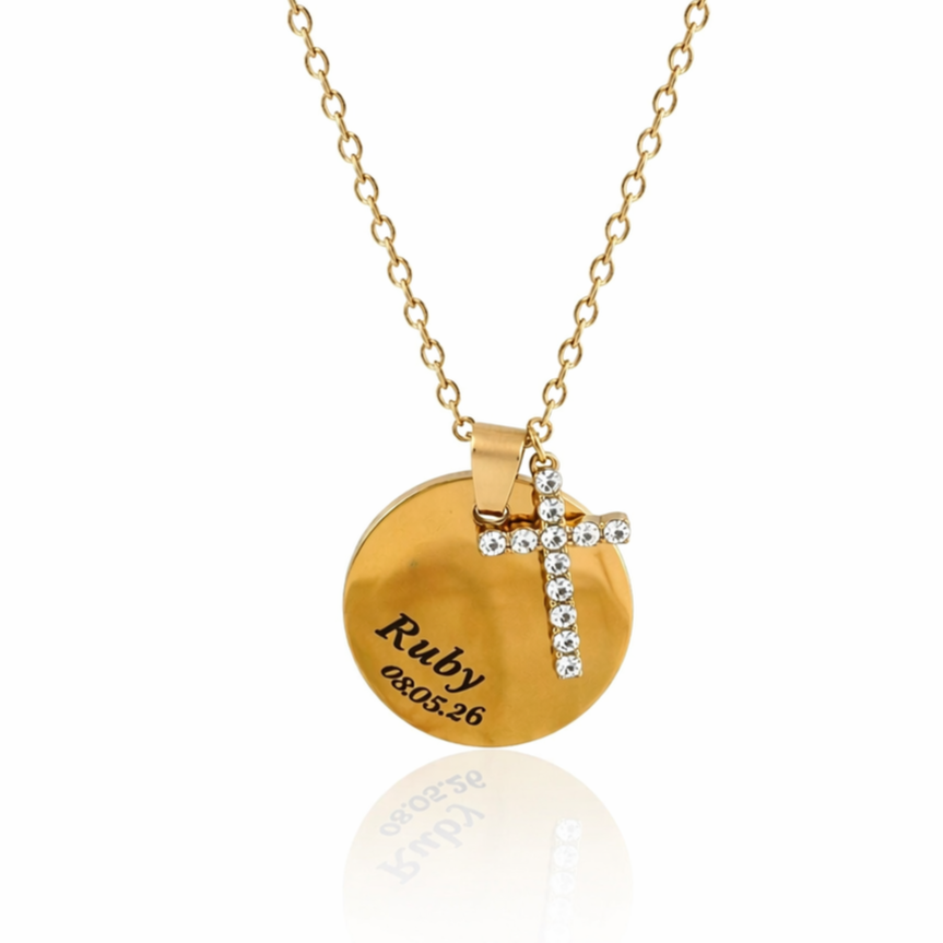 Gold Girls Personalised Cross & Name Disc Necklace