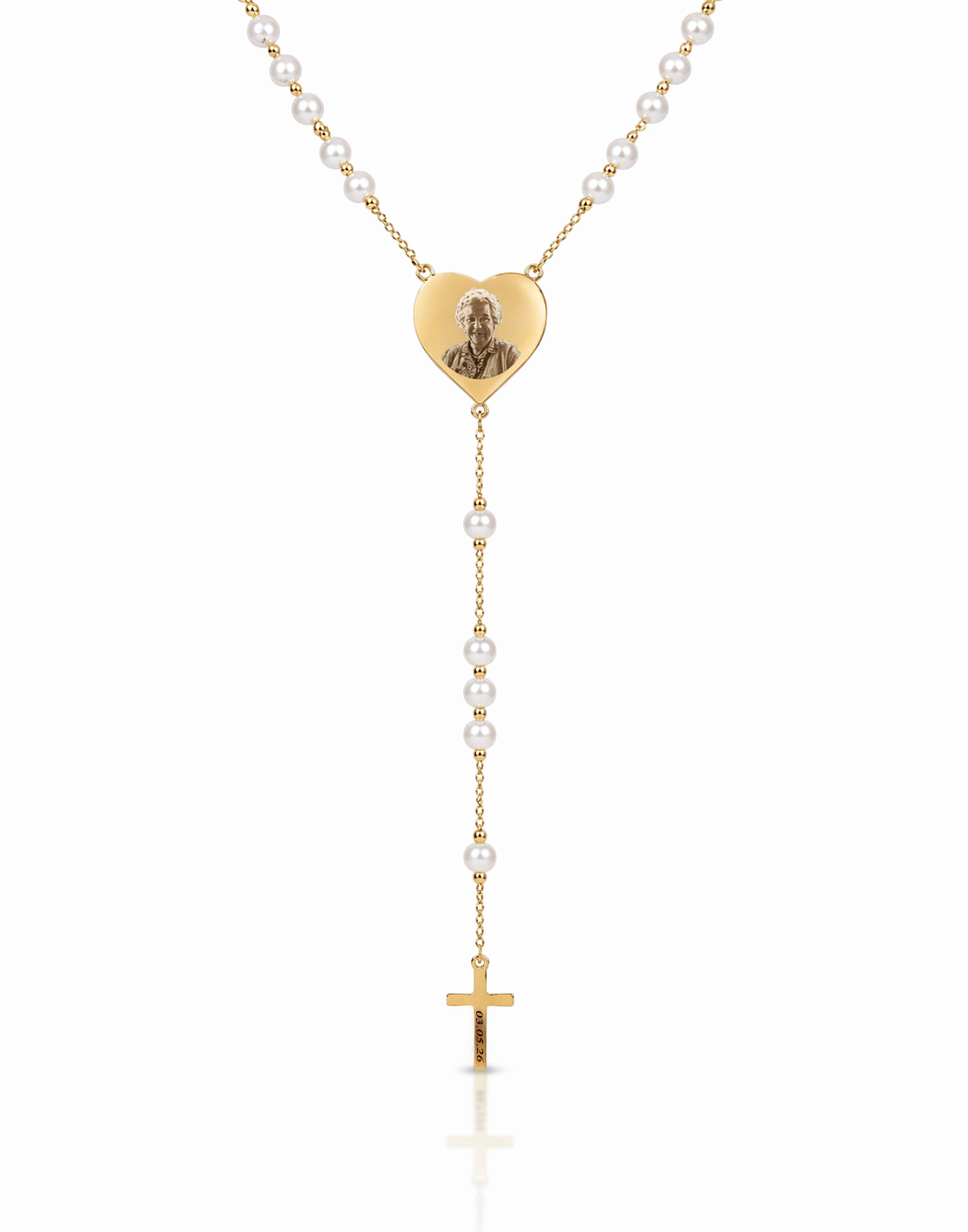 Gold Custom Photo Engraved Rosary Beads Necklace