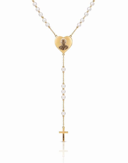 Gold Custom Photo Engraved Rosary Beads Necklace