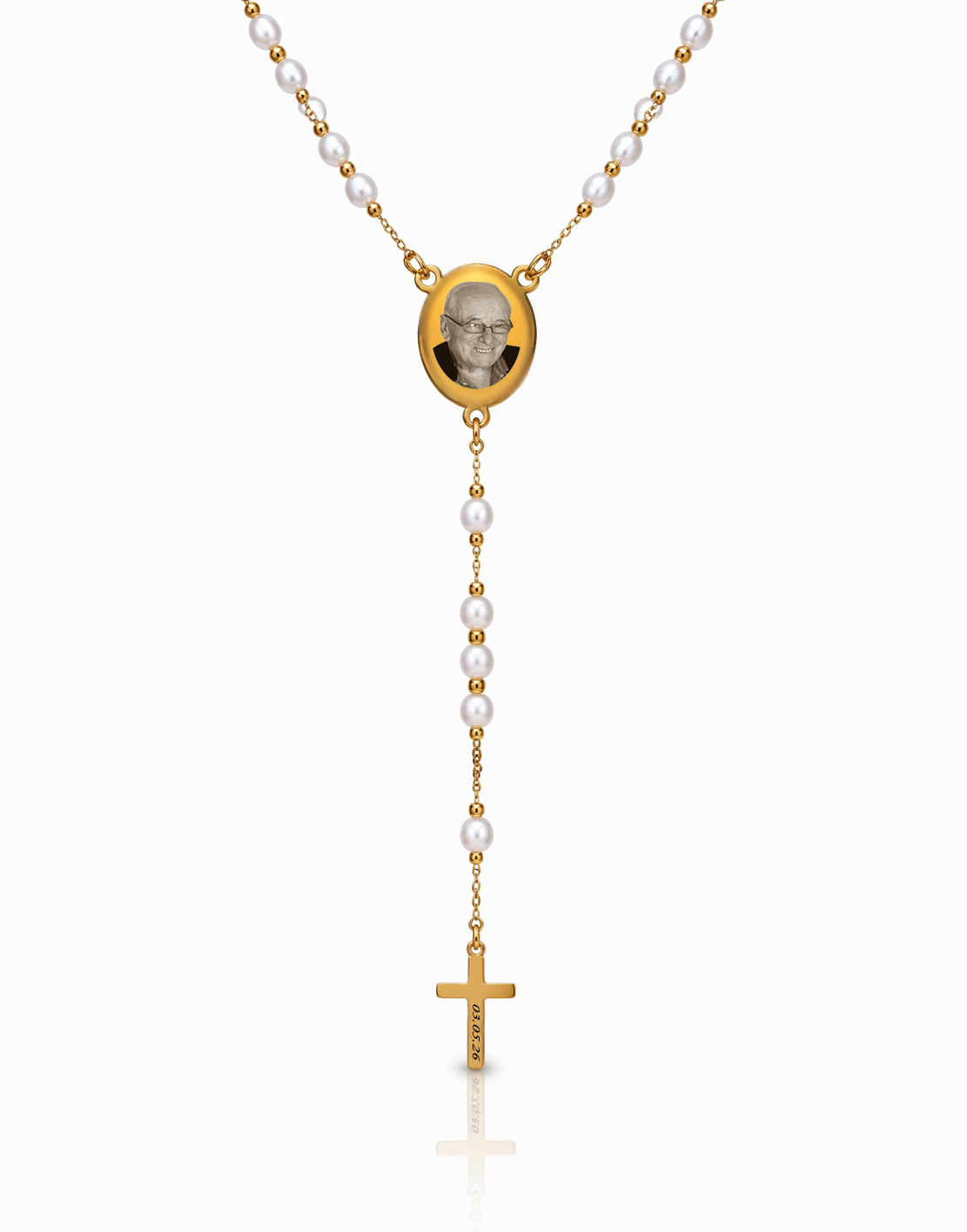 Gold Oval Custom Photo Engraved Rosary Beads Necklace