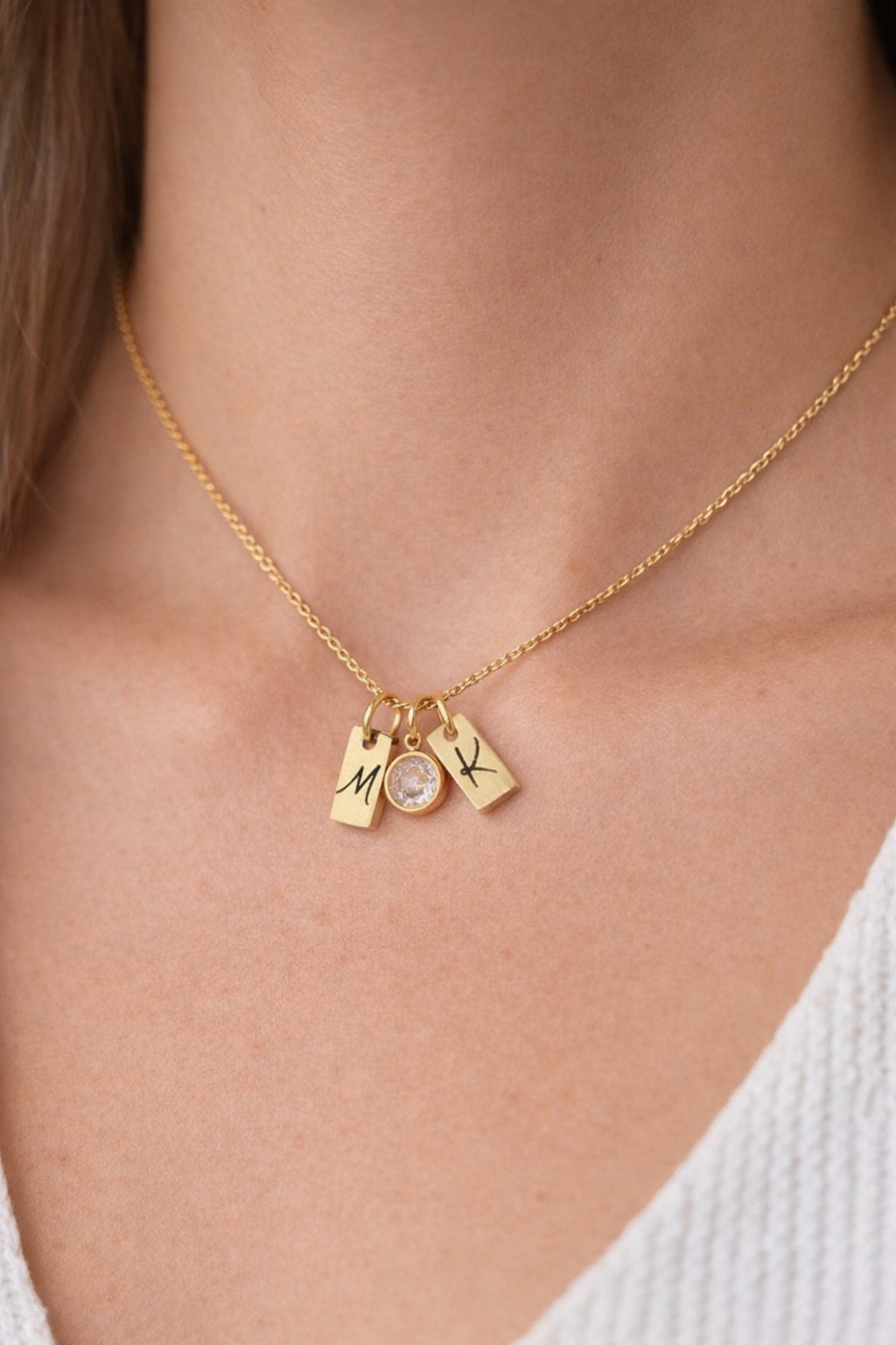 Gold initials gemstone anniversary necklace