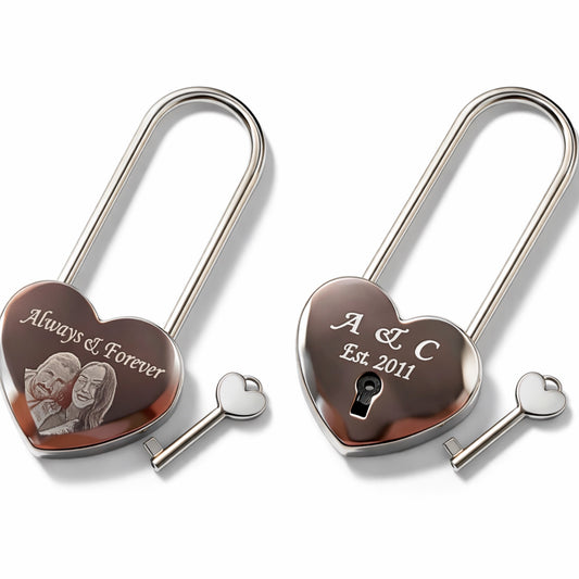 Silver photo engraved love padlock and key