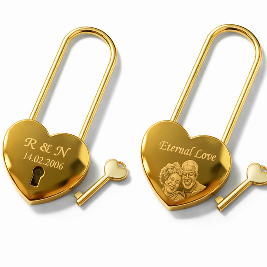 Gold photo engraved love padlock and key