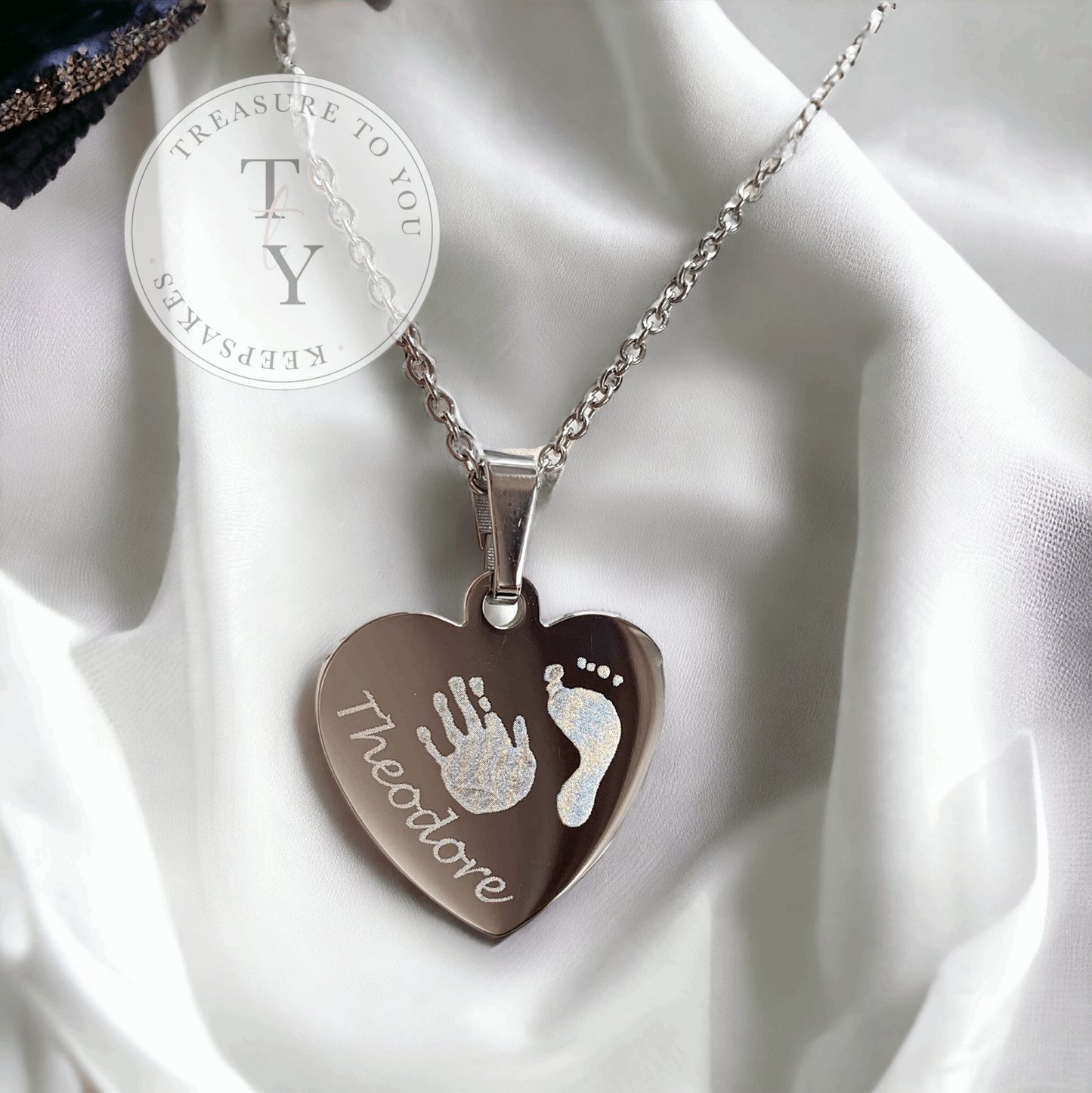 Engraved baby hand and foot print necklace