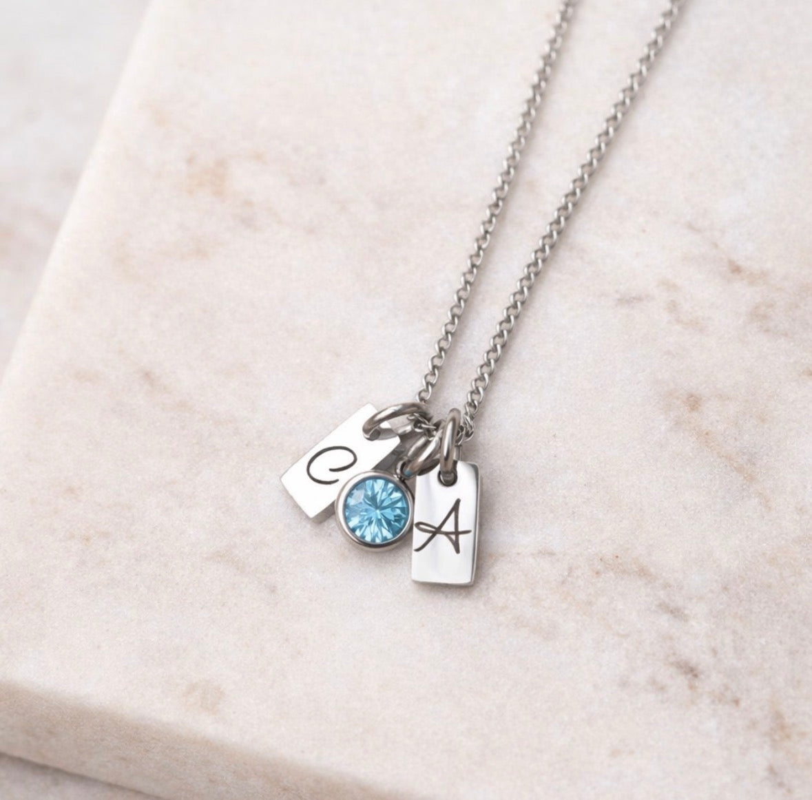 March aquamarine silver initials anniversary gemstone necklace