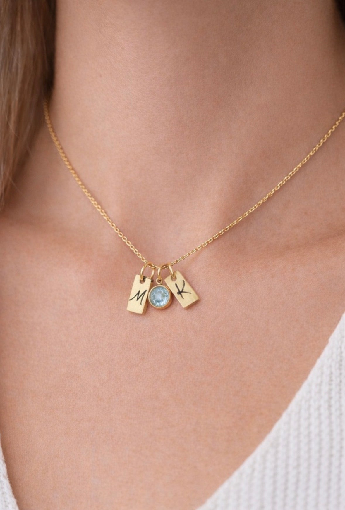 March aquamarine gold initials gemstone anniversary necklace