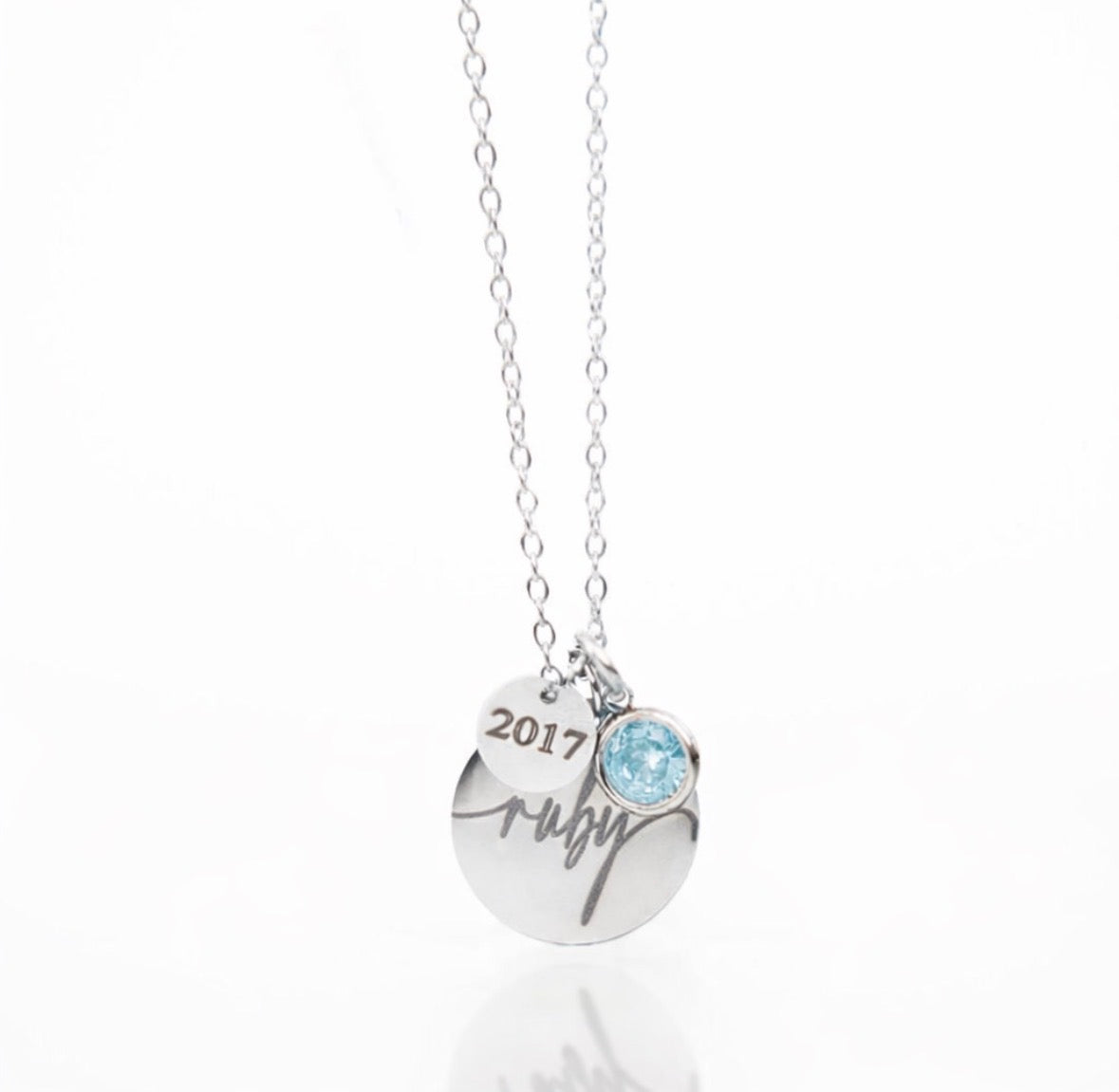 March aquamarine silver personalised name necklace
