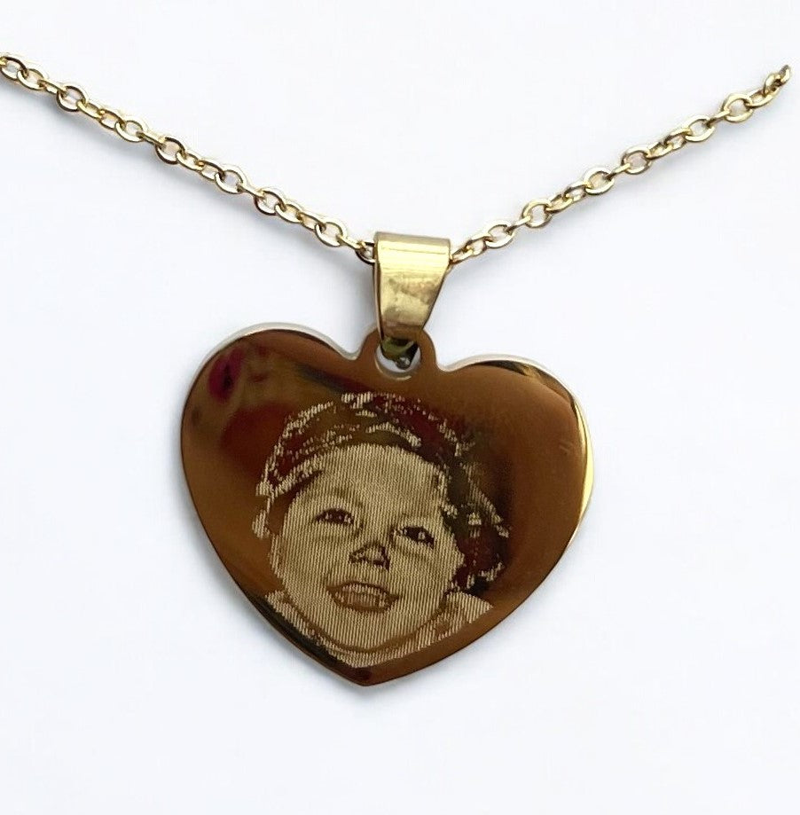 Small photo engraved gold heart necklace