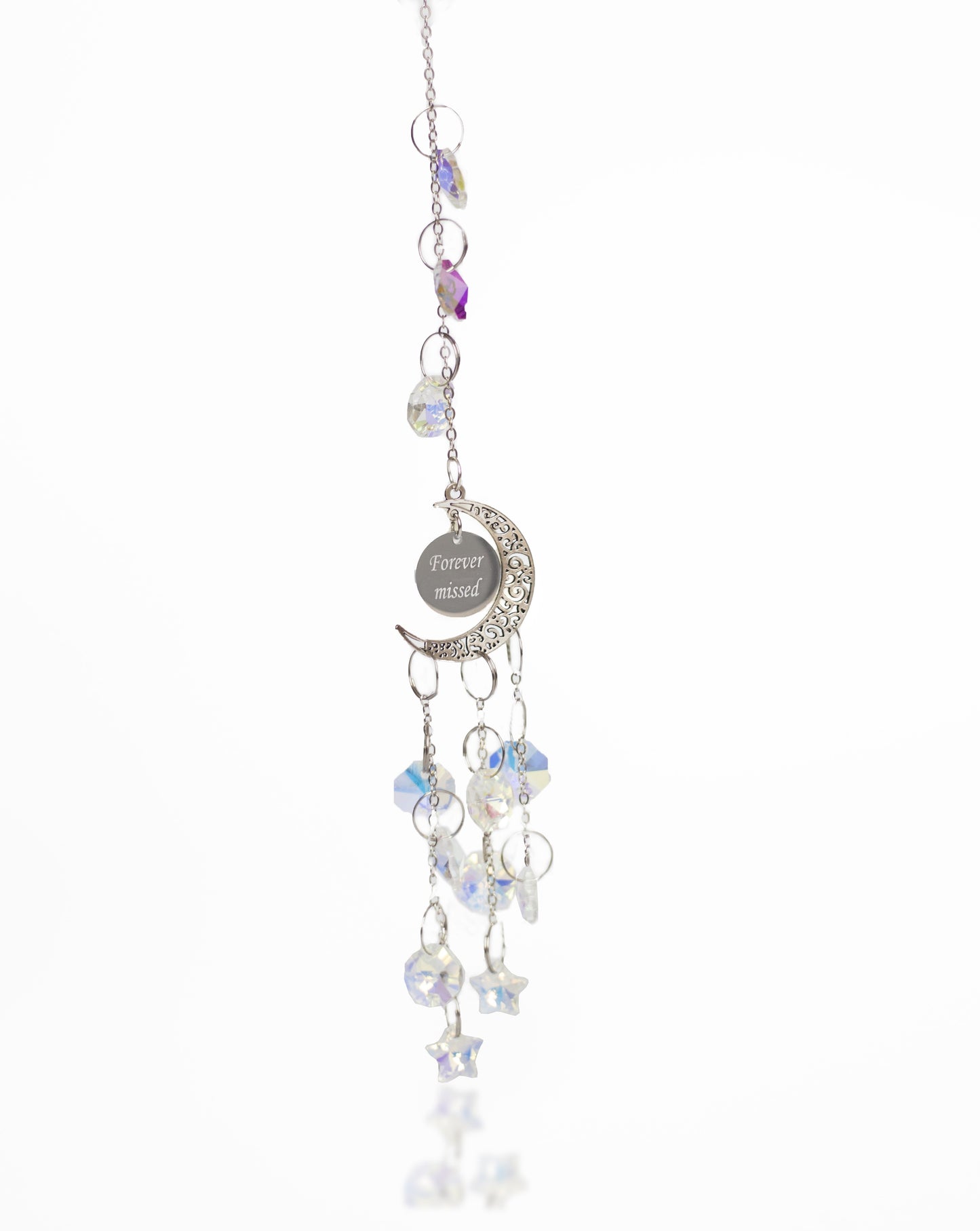 Decorative hanging ornament with crystals and 'forever and always' charm on a white background