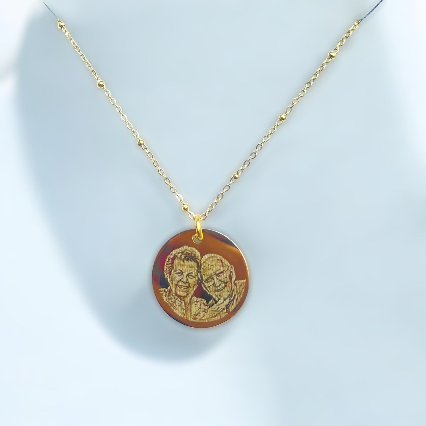 Gold circle photo engraved pendant necklace