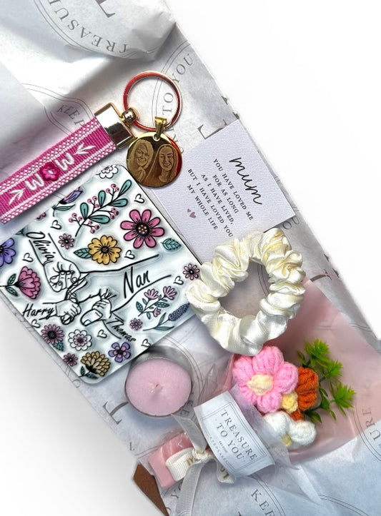 Personalised Mother's Day Gift set - includes keyring, coaster, crochet flower bouquet...