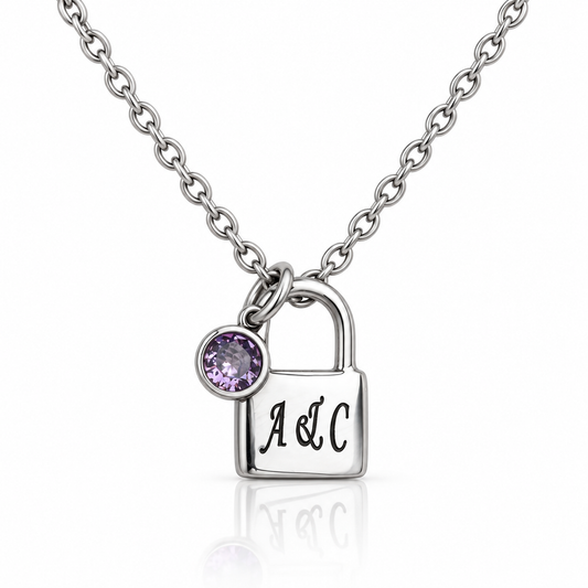 Personalised Silver Initials Padlock Necklace with Birthstone