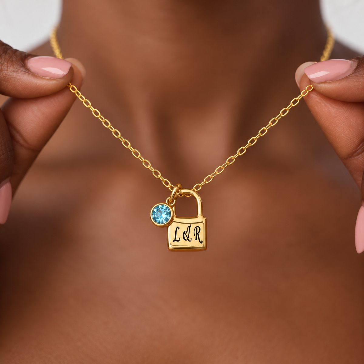 Personalised Gold Initials Padlock Necklace with Birthstone