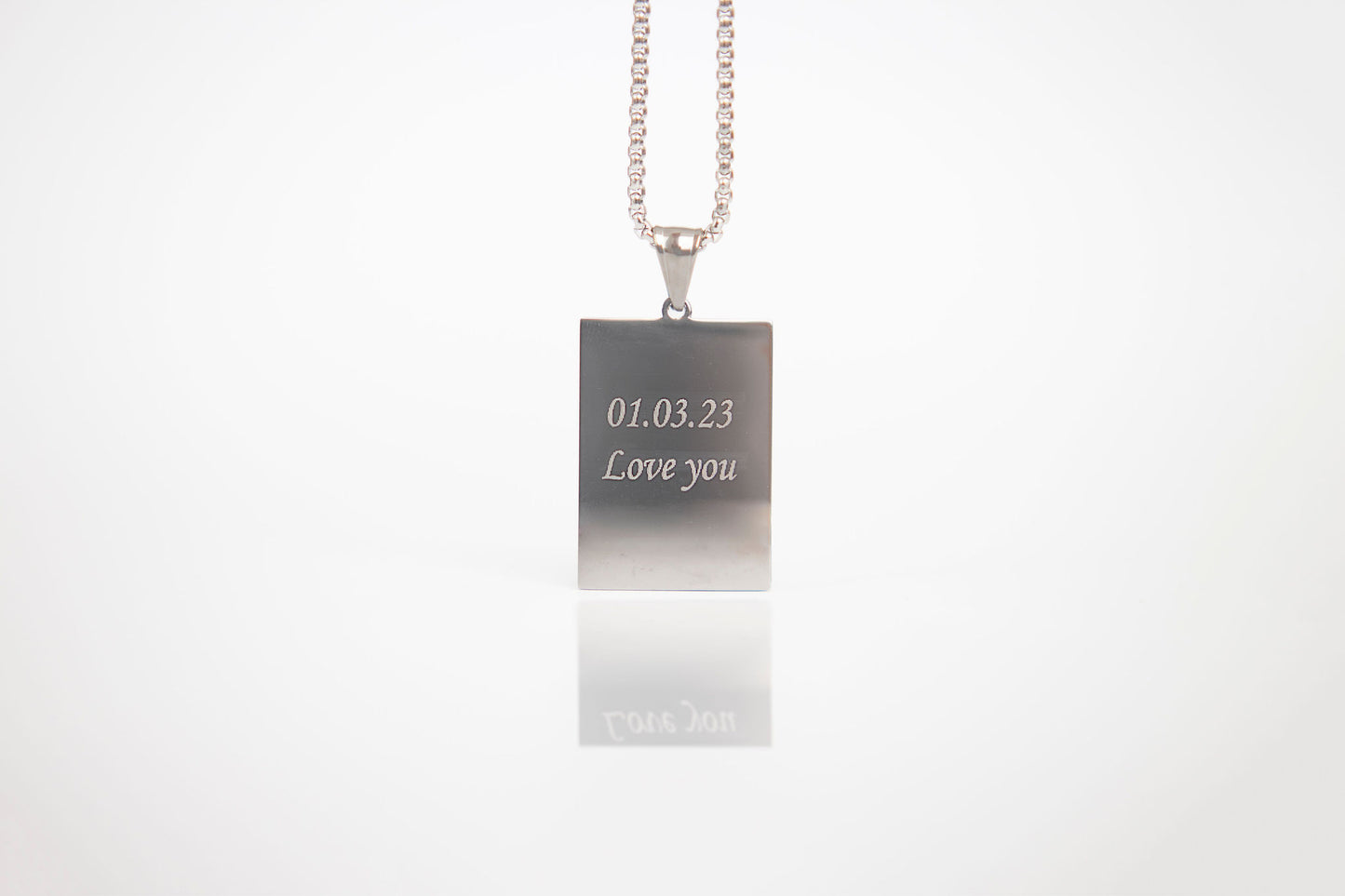 Silver rectangle pendant box chain photo engraved