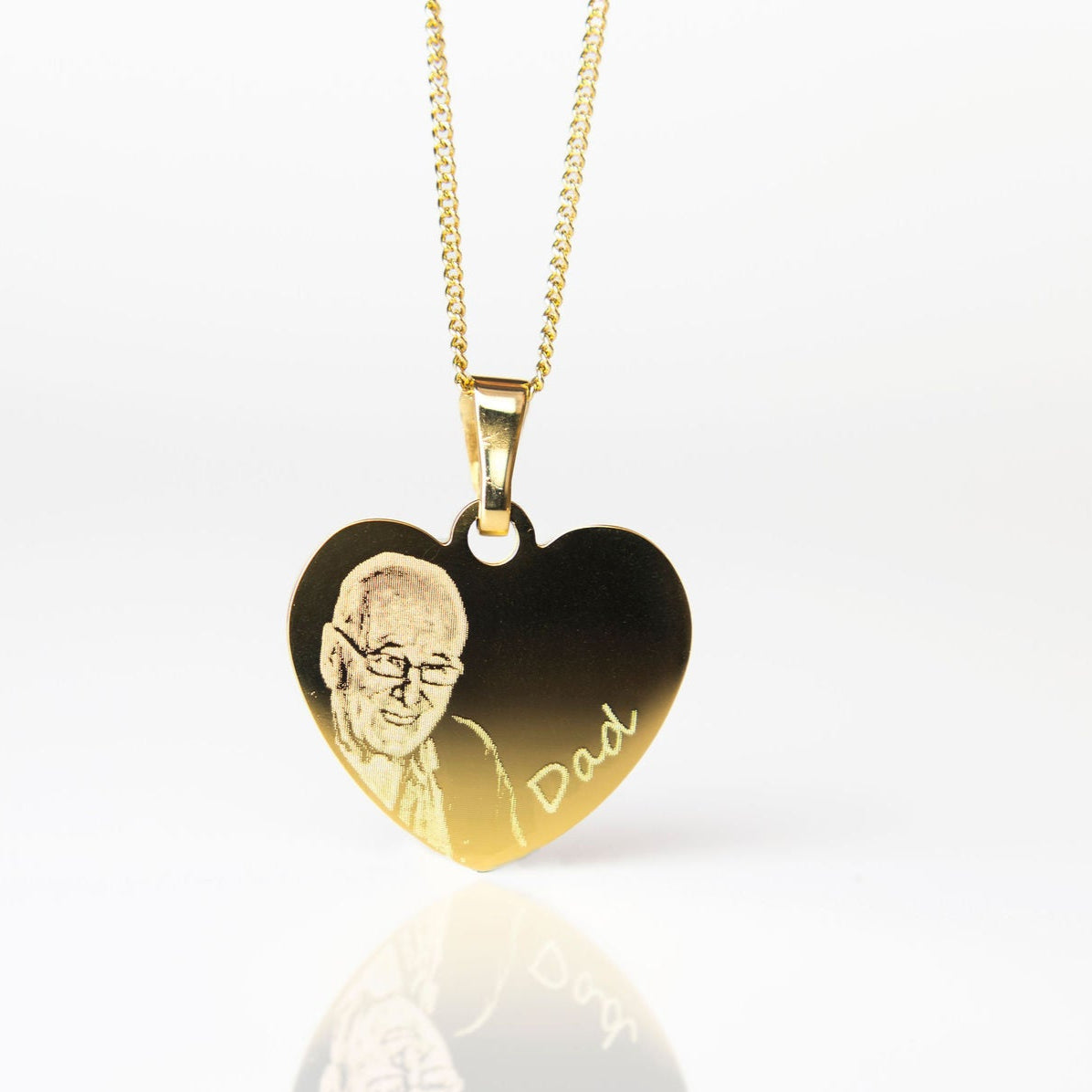 Gold engraved photo heart necklace with name