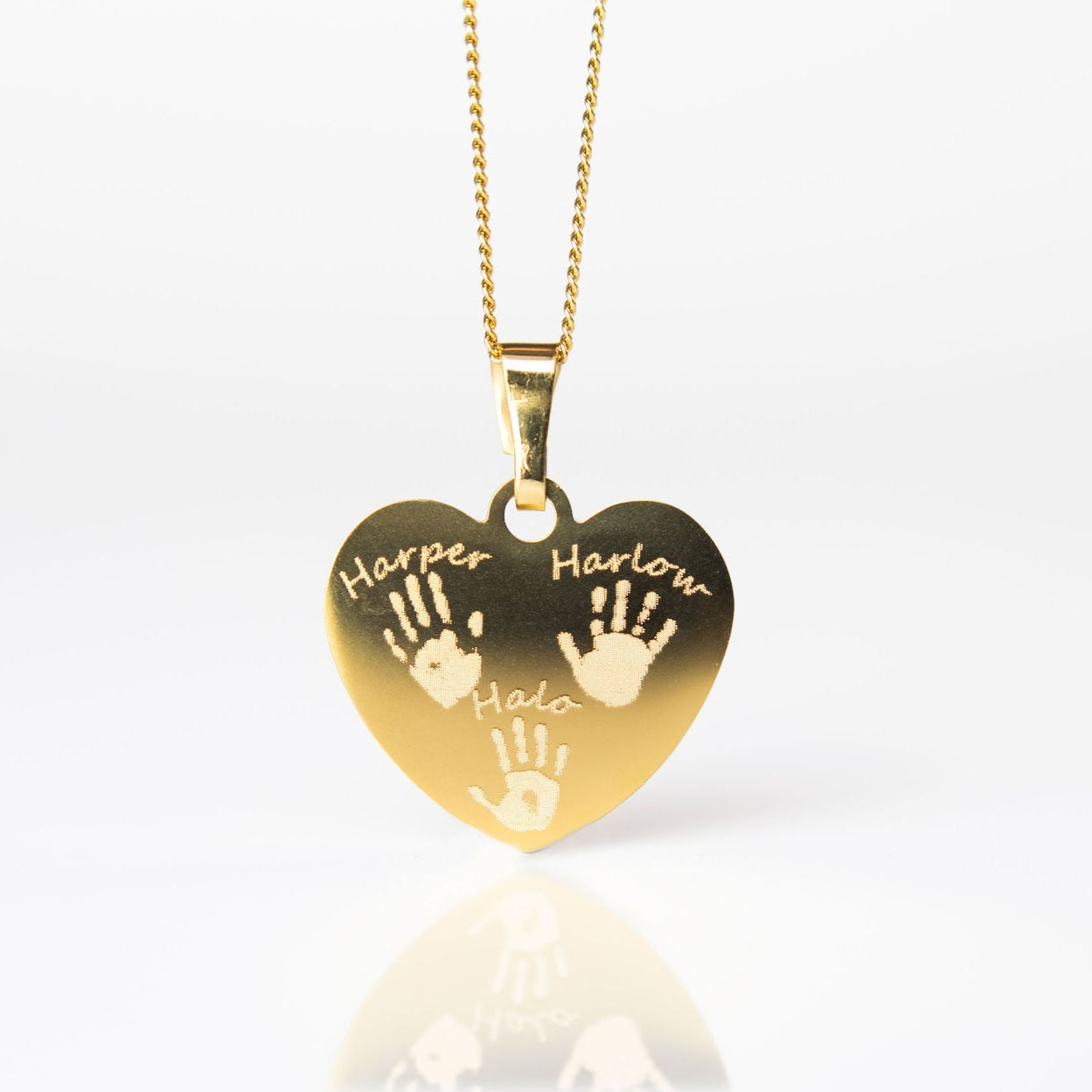 3 actual handprints engraved gold necklace - siblings