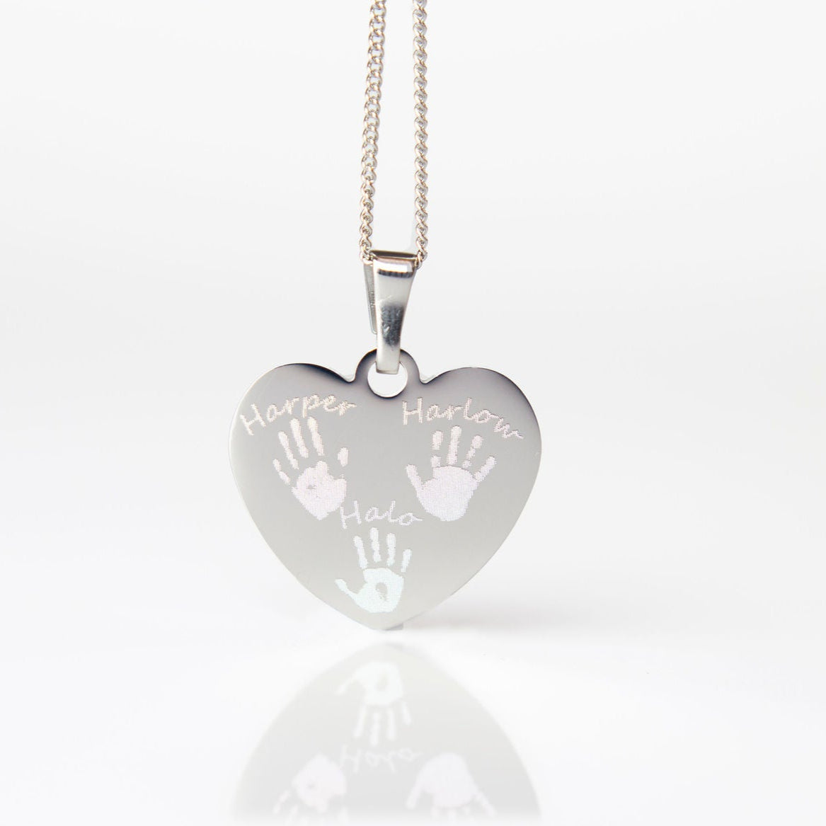 3 actual handprints engraved silver necklace - siblings