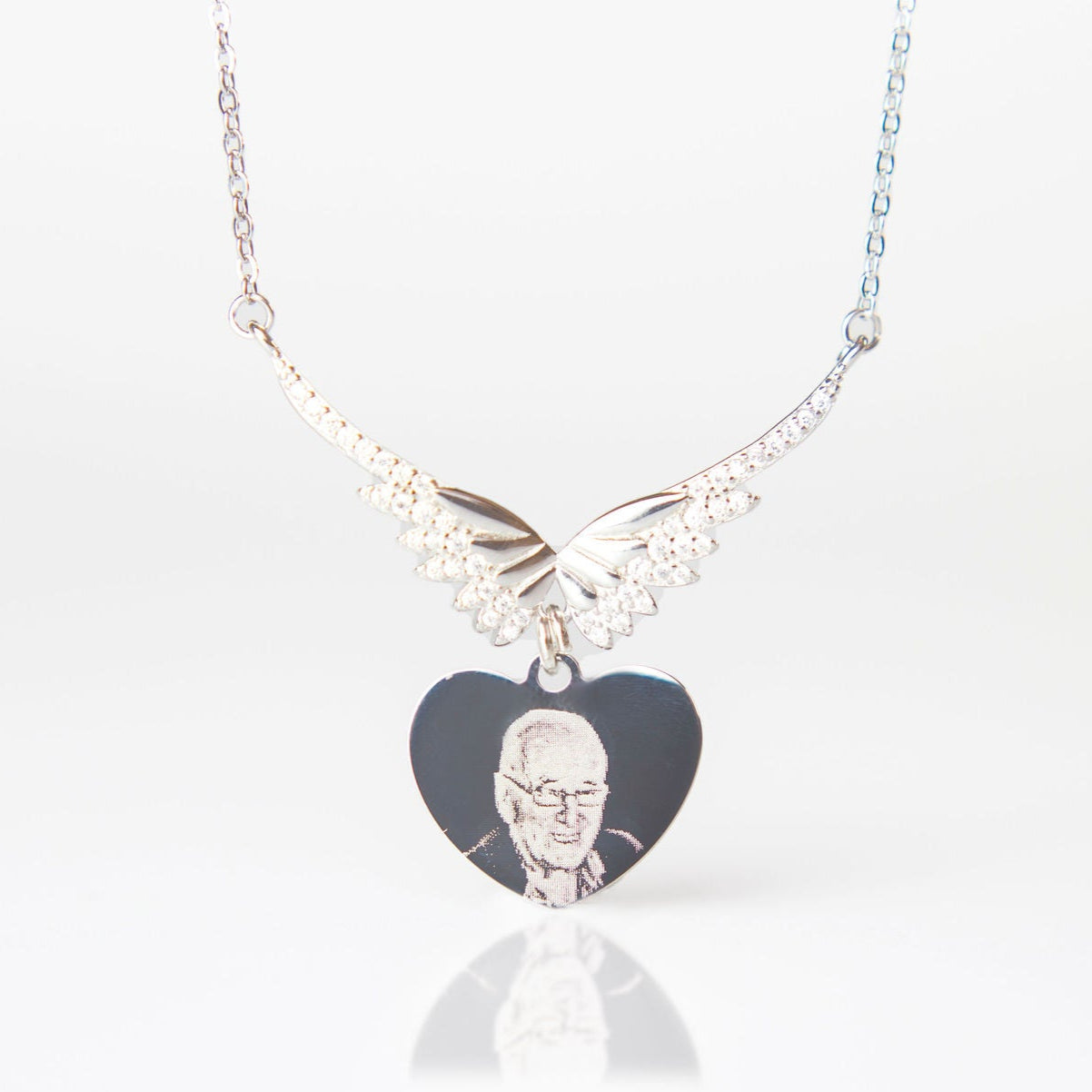 925 Angel wing photo engraved heart pendant necklace