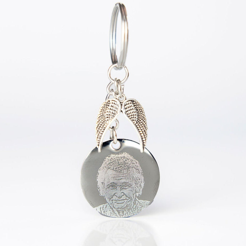 Angel wing photo engraved keychain