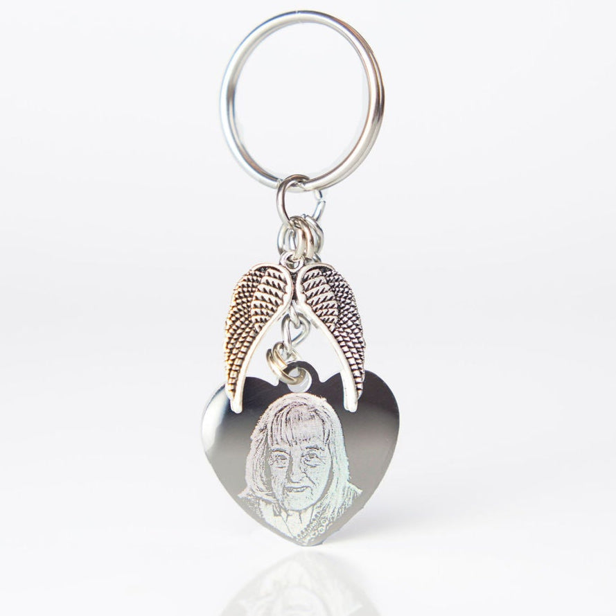 Heart angel wing photo engraved keyring