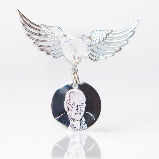 Silver angel wing photo engraved memorial brooch