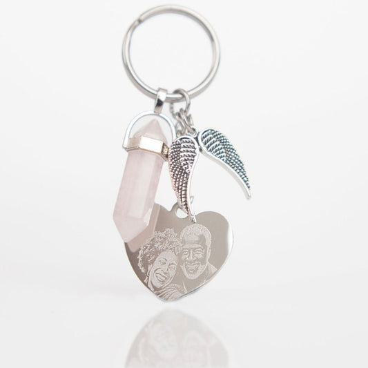 Rose quartz, angel wing photo engraved keychain