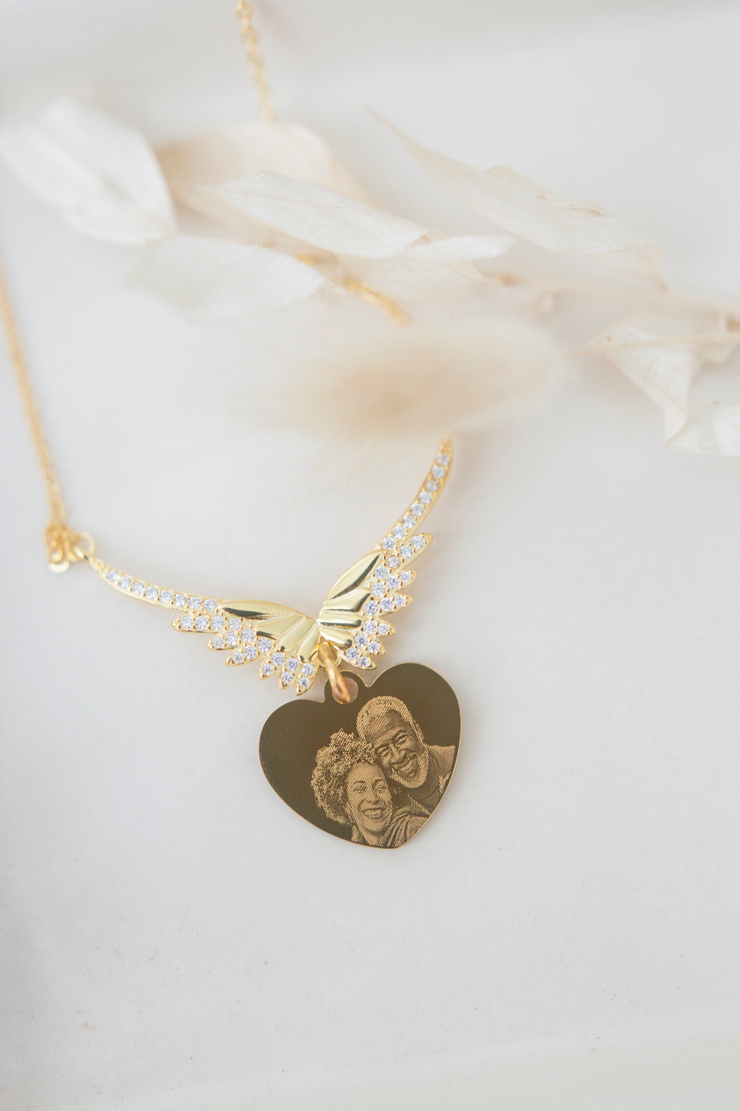 Gold 925 Angel wing photo engraved heart pendant necklace