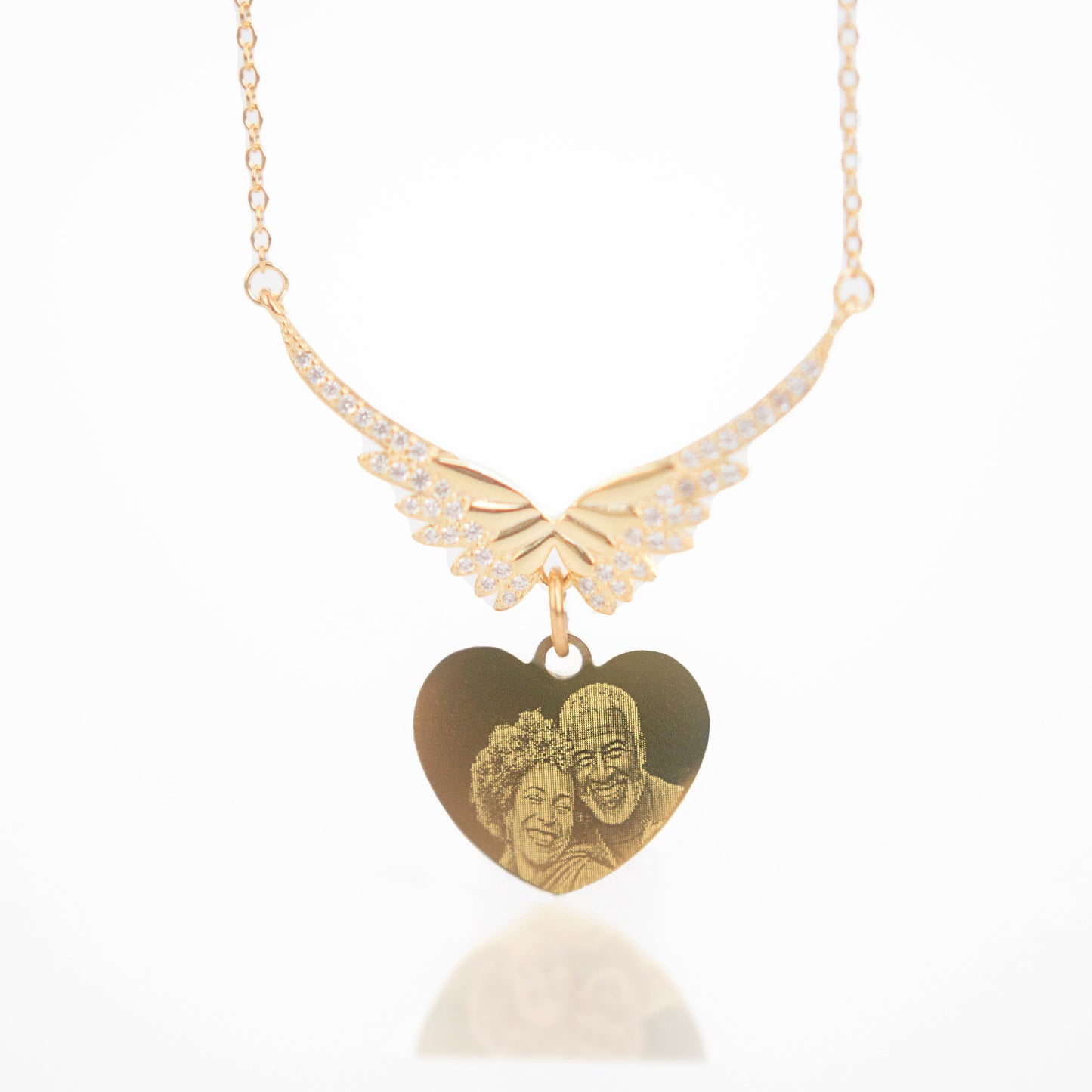 Gold 925 Angel wing photo engraved heart pendant necklace