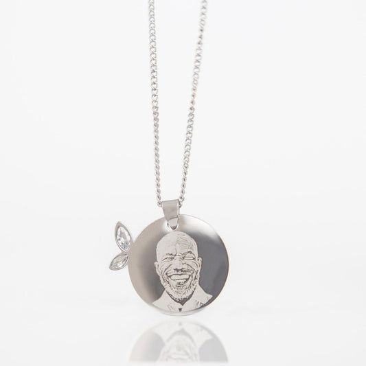 Winged circle pendant necklace with a photo engraved 