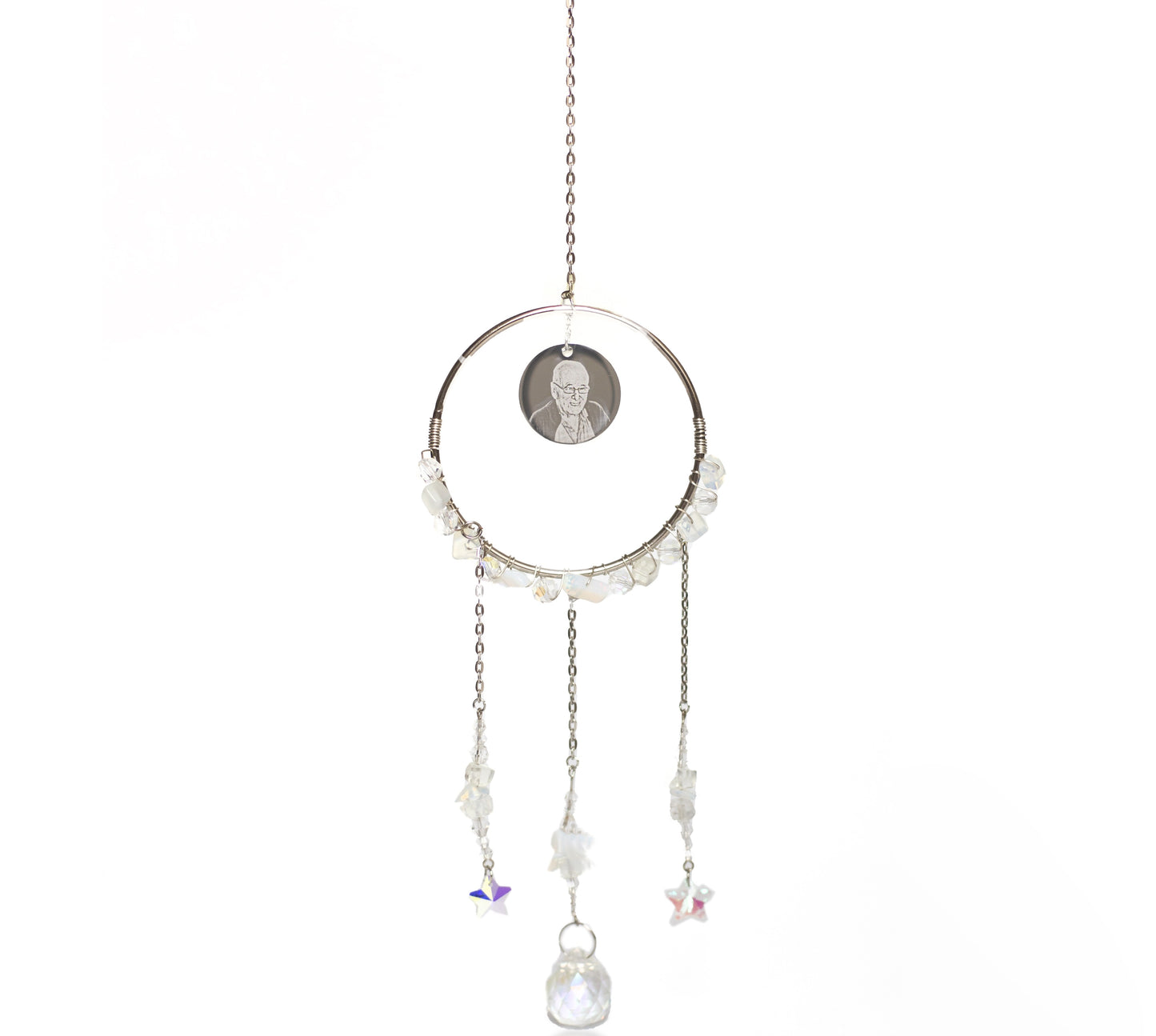 Opalite gemstone sun catcher featuring a photo engraved pendant.
