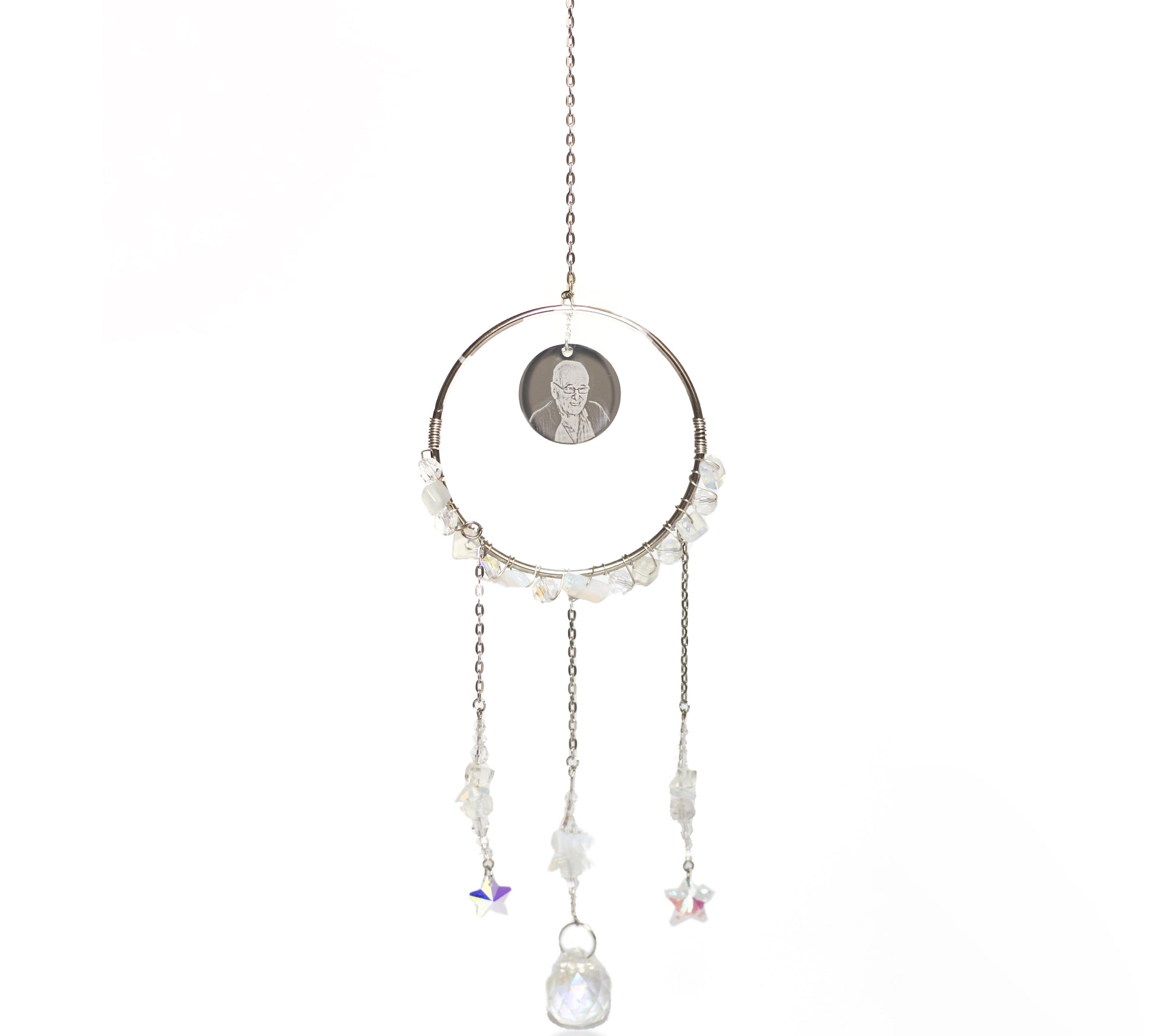 Opalite gemstone sun catcher featuring a photo engraved pendant.