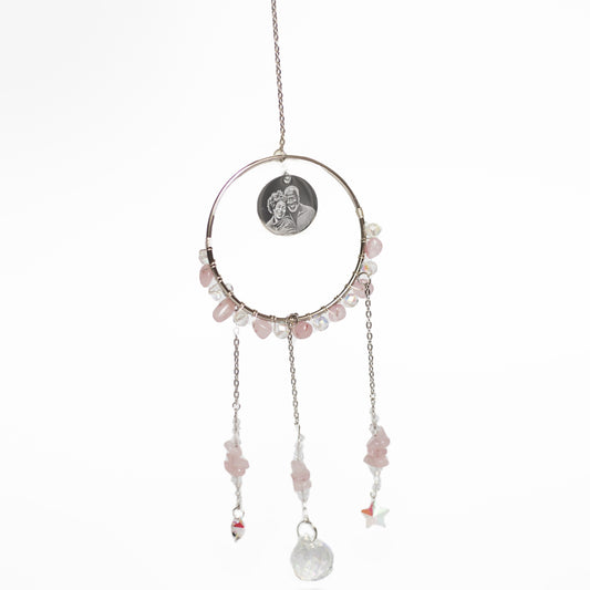Rose Quartz gemstone photo engraved sun catcher
