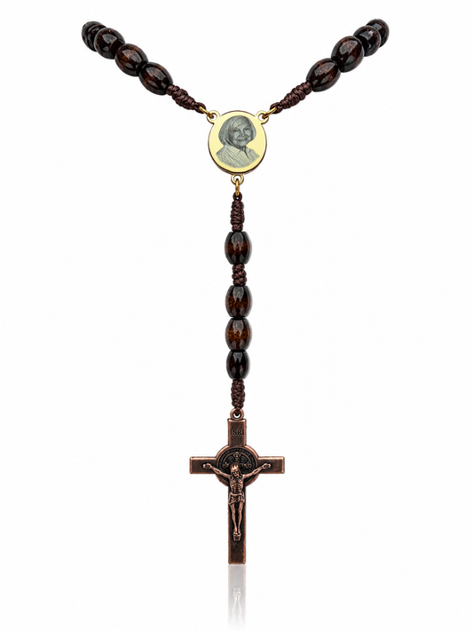 Rosary with dark brown beads, crucifix, personalised photo engraved on a white background