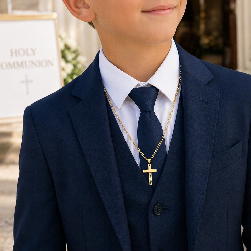 Boy wearing personalised necklace on holy communion day
