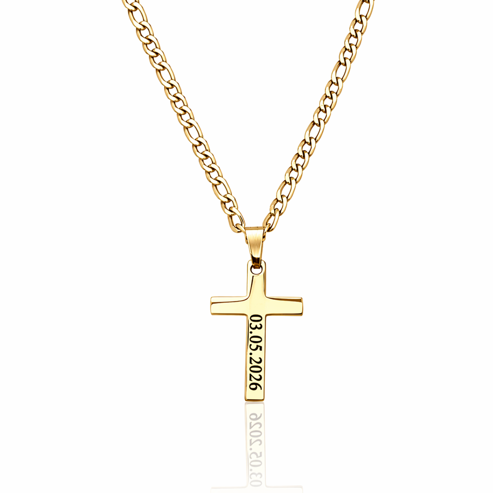 Gold cross necklace with engraved text on a white background