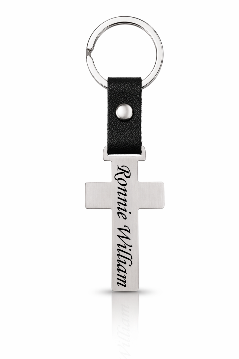 Personalised Cross Keyring with Name & Date Engraving