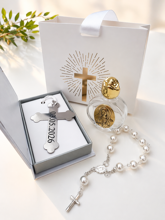 Personalised Holy Communion Gift Set – Cross Bookmark, Rosary Bracelet & Holy Water Bottle