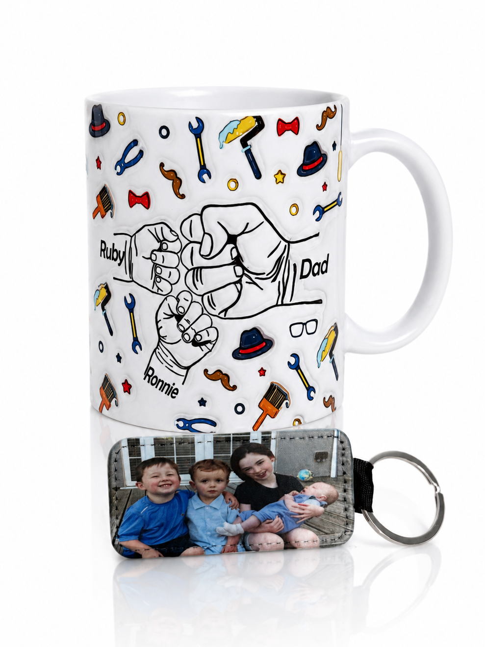 Mug with father and son design and keychain featuring children's photo