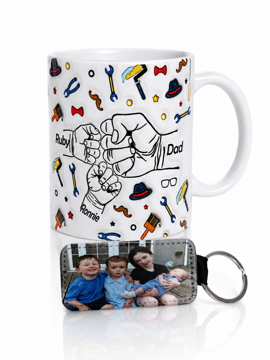 Mug with father and son design and keychain featuring children's photo