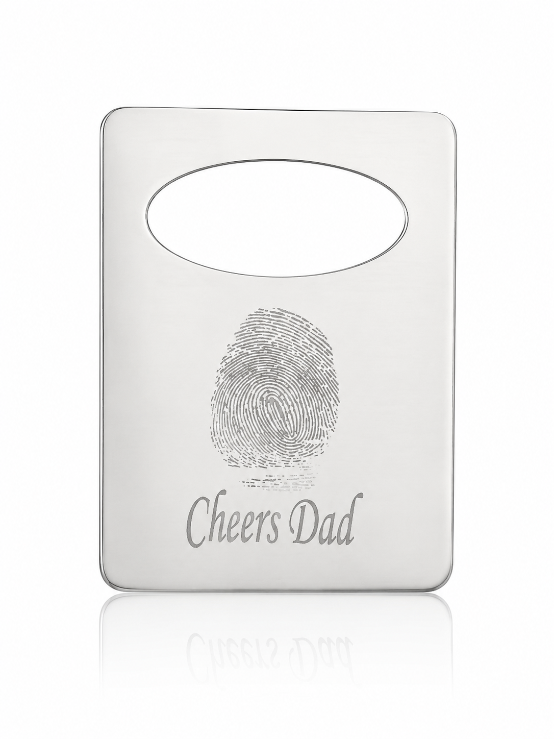 Metallic card with fingerprint design and 'Cheers Dad' text on a white background